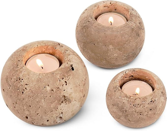 Radicaln Marble Tealight Candle Holder 4" Inch Travertine Handmade Decorative Votive Candle Holder for Wedding Centerpieces, Elegant Set of 3 Mini Candle Holders for Living Room