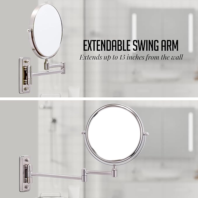 OVENTE 7" Wall Mounted Makeup Mirror with 1X/10X Magnification, Double Sided Magnifying Round Bathroom Vanity Mirror, 360° Swivel Design, Extendable and Folding Arm, Nickel Brushed MNLFW70BR1X10X