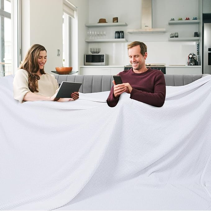 PHF Pre-Washed Cotton Waffle Weave Family Blanket,Oversized King Size 120"x 120"-Snag Proof Lightweight Breathable, 10'x 10' Huge Extra Large Big-Elegant Aesthetic Home Decoration Gift-White