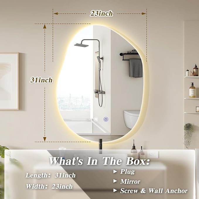 QDSSDECO Irregular LED Bathroom Mirror with Lights,Asymmetrical Led Bathroom Vanity Mirror for Wall with Front and Backlit, Anti Fog, 3 Colors and Dimmable Light, 23" x 31"