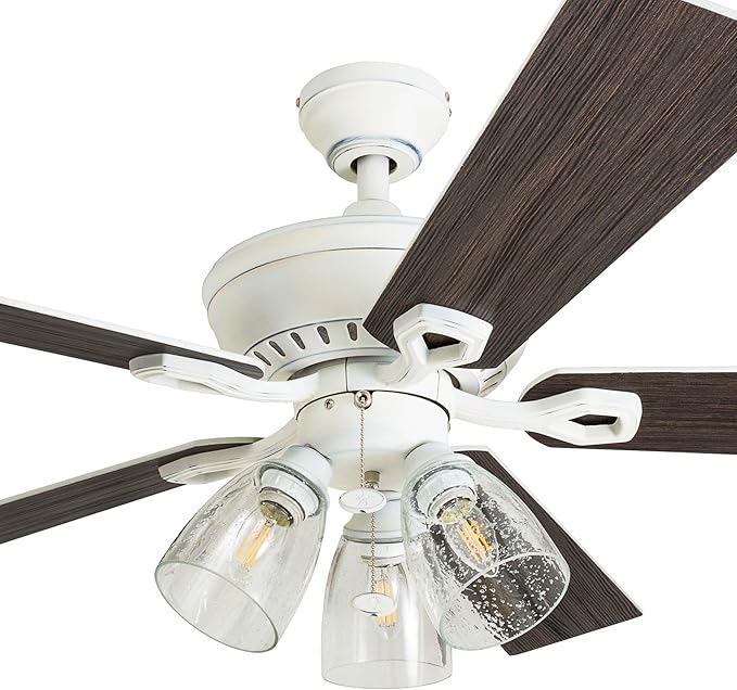 Prominence Home Glenmont, 52 Inch Farmhouse LED Ceiling Fan with Light, Pull Chain, Three Mounting Options, Dual Finish Blades, Reversible Motor - 50389-01 (Distressed White)