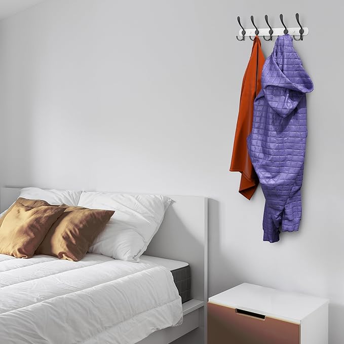 Coat Rack Wall Mount with 5 Tri Hooks, Stainless Steel 16 Inch – White & Black Matte Finish, Heavy Duty Wall Mounted Hook Rack for Coats, Hats, Towels, Scarfs, Robes, Bags, Entryway & Bathroom, 4 Pack