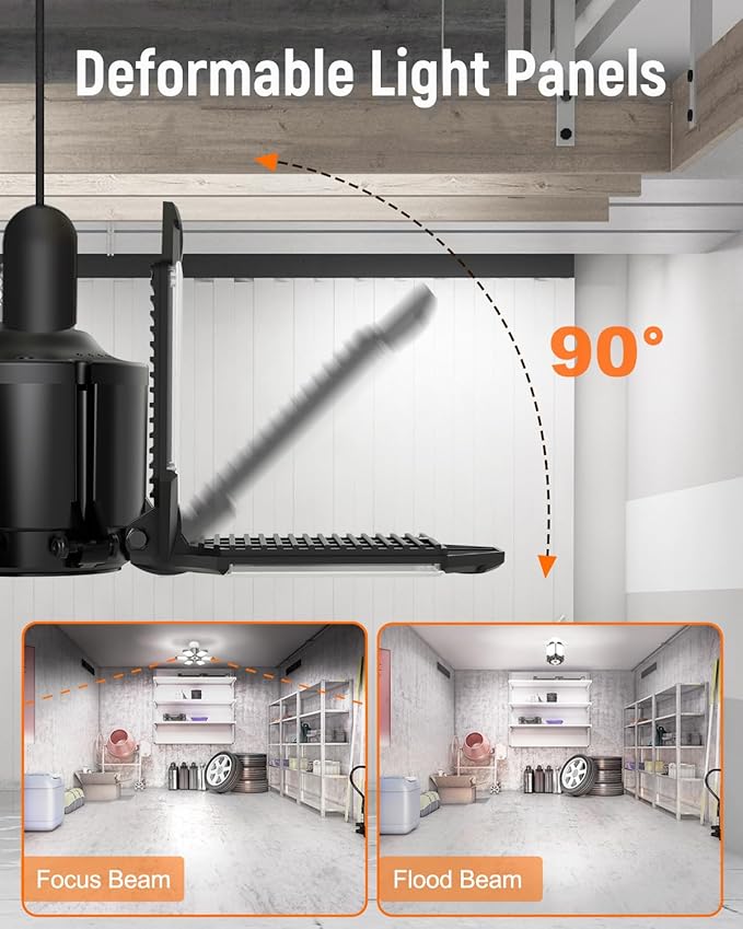 Adiding LED Garage Ceiling Light, 4 Pack 40000Lm Bright Screw into E26 E27 Socket LED Basement Lighting, 6+1 Deformable Panels, Daylight 6500K for Pole Barn Workshop Attic Porch Storage Room Low Bay