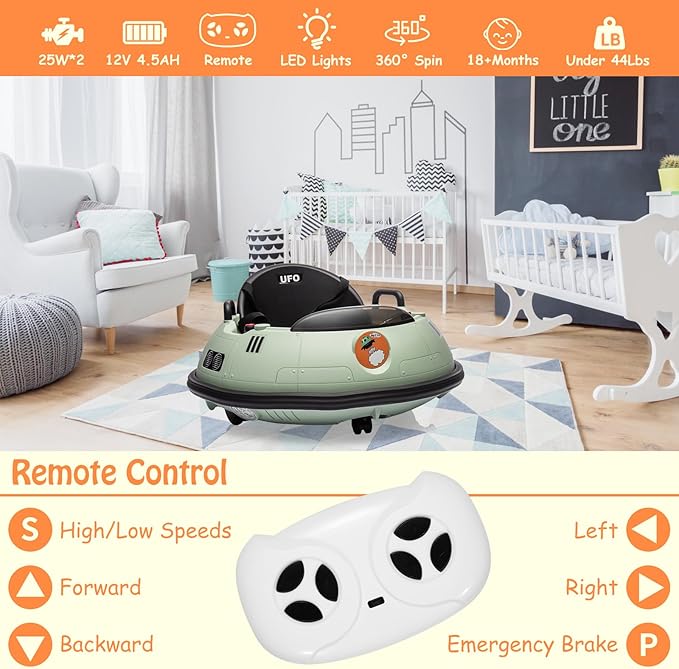 12V Electric Ride on Bumper Car for Toddlers, Kids Bumper Car with Remote Control, 360 Degree Spin, LED Lights, Dual Joysticks, Safety Belt for 18+ Months Kids, Green