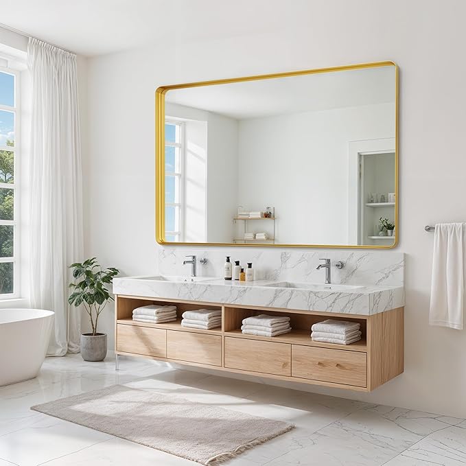 Suidia Bathroom Mirror, 36" x 55" Wall Mirror Metal Framed, Bathroom Vanity Mirror for Living Room Bedroom Bathroom Entryway, Gold, Rounded Corner Style