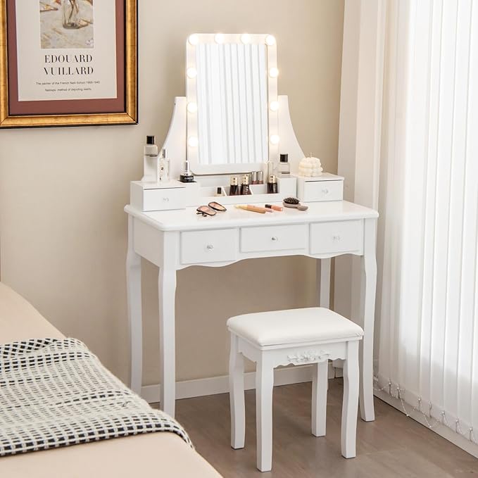 CHARMAID Vanity Desk with Mirror and Lights, Makeup Vanity Table with 5 Storage Drawers, 3 Color Lighting Modes, Adjustable Brightness, Modern Bedroom Dressing Table with Vanity Stool, White