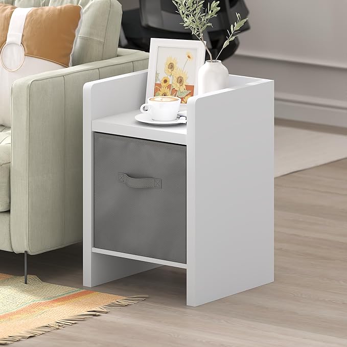 Furinno Viola Side Table, Thick Frame End Table with Storage Bin, Night Stand, Bedside Table, for Living Room, Bedroom, White/Light Grey