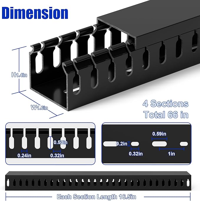 ZhiYo H1.4 W1.6in Professional Server Rack Cable Management Raceway, 66in (4X L16.5in) Cable Raceway Kit, Electrically Safe PVC Open Slot Wire Raceway for Under Desk/Computer/Network Cords, Black