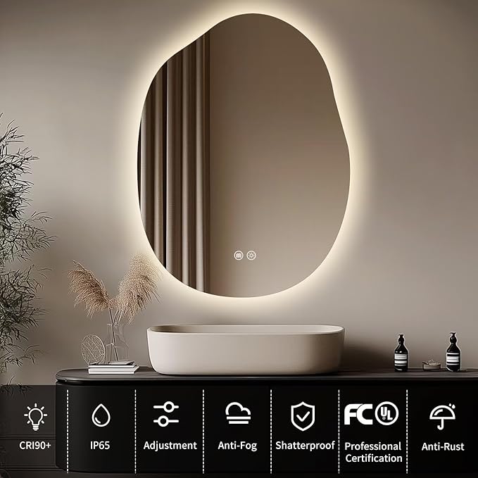 LED Bathroom Mirror with Lights 24x32, Stepless Dimmable Irregular Backlit Mirror with 3 Colors, Anti-Fog, Memory, Al-Alloy Lampshade, Frameless Smart Mirror for Bathroom (Horizontal/Vertical)