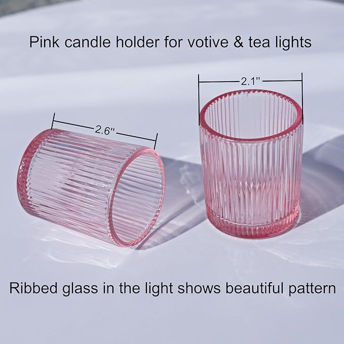 VOHO Pink Candle Holder Set of 12, Ribbed Votive Candle Holders for Pink Room Decor, Tealight Candle Holder Romantic Gifts for Valentine Christmas Decorations(2.1'' x 2.6'')