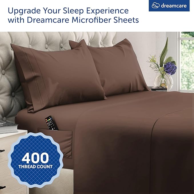 DREAMCARE Queen Sheet Set – 4 pcs Cooling Sheets – up to 21” Extra Deep Pocket Queen Sheets – Hotel Luxury – Superior Softness 100% Microfiber with Side Pocket - Mocha Brown