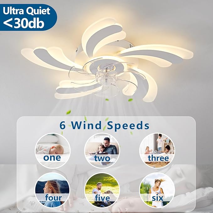 Ceiling Fan with Lights Remote Control, White Flower Ceiling Fan with Light, 3 Light Color 6 Speeds Low Profile Flush Mount Ceiling Fan for Kitchen Bedroom Living Room
