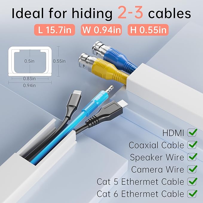 283in Medium Cord Hider, Wire Covers for 2-3 Cords on Wall, Paintable Cable Raceway, Cord Hider Kit, Max for 3 Small Cords for Home and Office, W0.94in H0.55in