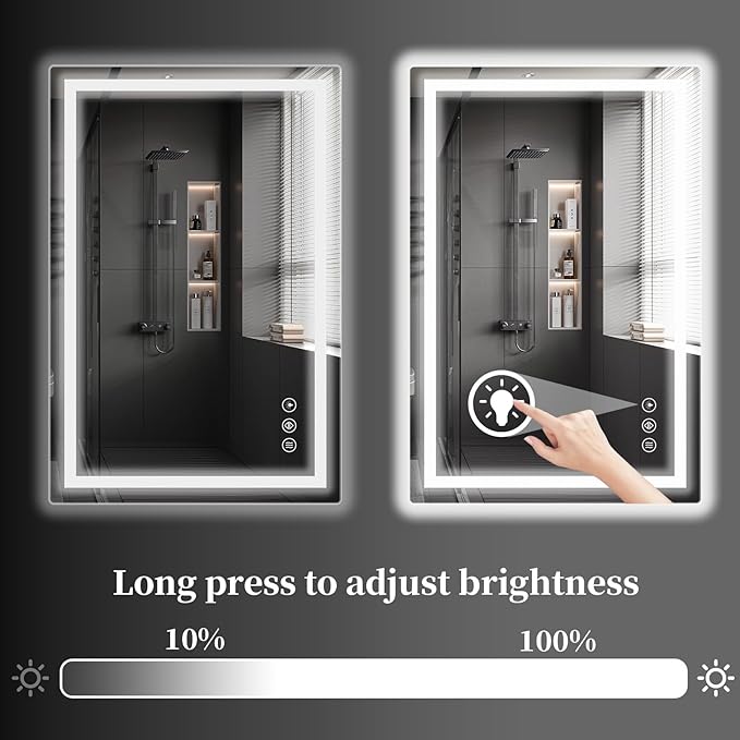 Koonmi 30x40 LED Bathroom Mirror, Backlit + Front Lit, LED Bathroom Mirror with Lights for Wall, 3 Colors, Anti-Fog, Dimmable Brightness, Memory Function, Tempered Glass