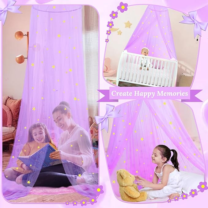 South to East Princess Bed Canopy With Glowing Stars for Girls Room, Purple Curtains From Ceiling for Twin and Full Size Beds, Ideal Gift
