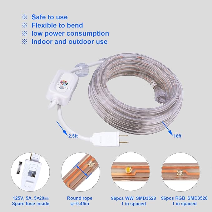 16ft LED Rope Lights, RGBWW Color Changing Strip Lights with Remote, Flexible and Connectable Durable Tube, Waterproof for Indoor Outdoor Use, 17 Colors and 6 Modes