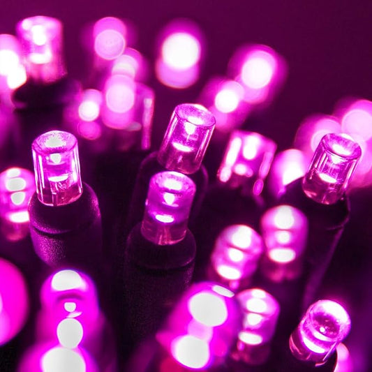 5mm LED Wide Angle Pink Prelamped Light Set, Green Wire - 70 5mm Pink LED Christmas Lights, 4" Spacing