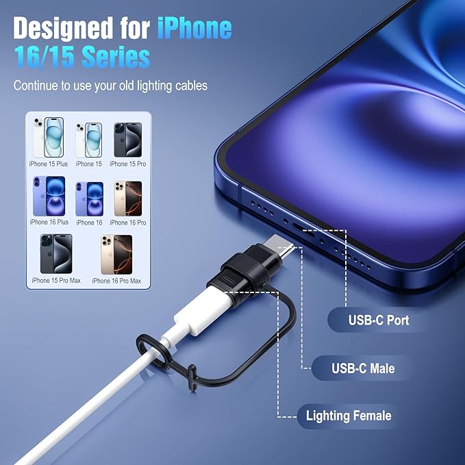 TiMOVO for Lightning to USB C Adapter, 4 Pack USB C Male to Lighting Female Adaptrer with 36W Fast Charging & Data Sync for iPhone 15/16 Pro/Pro Max/Plus, Galaxy S24/23, iPad, NOT for Audio/OTG, Black