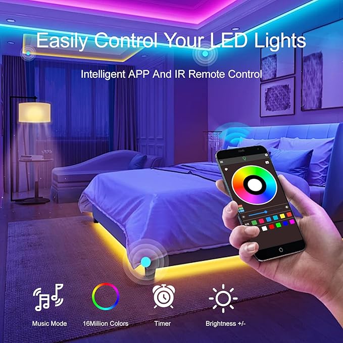 LED Strip Lights For Bedroom 130 FT(2 Rolls of 65.5 FT) with remote and intelligent application Bluetooth LED lights, music synchronized RGB color changing lights, suitable for room party decoration