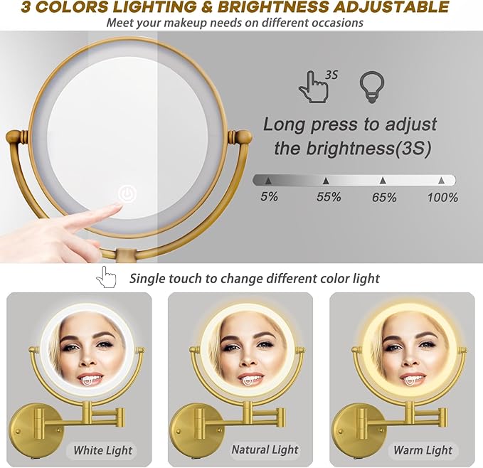 Wall Mounted Makeup Mirror with Light and Magnification, 7W Higher Brightness and Dimmable 1X/10X Double Sided Wall Magnified Mirror, Extending Vanity Mirror for Bathroom, Antique Brass Direct Wire