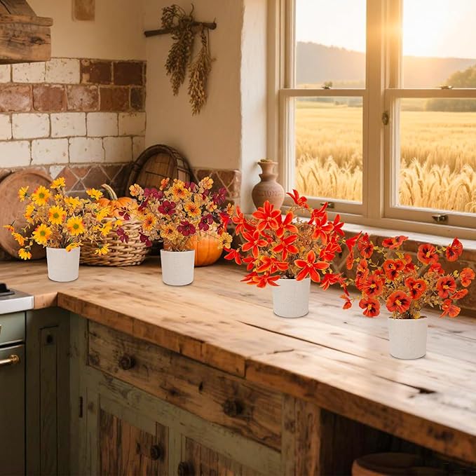 Fake Potted Plants 8pcs, Artificial Fall Flowers with Vase, Autumn Harvest Decoration for Home Indoor Outdoor, Table Plants Farmhouse Decor for Kitchen, Bedroom, Living Room, Bathroom