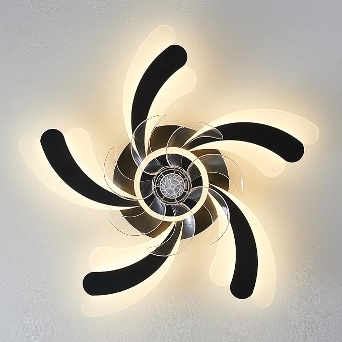 Ceiling Fan with Lights Remote Control, Black Modern Ceiling Fan with Light, 3 Light Color 6 Speeds Low Profile Flush Mount Ceiling Fan for Kitchen Bedroom Living Room