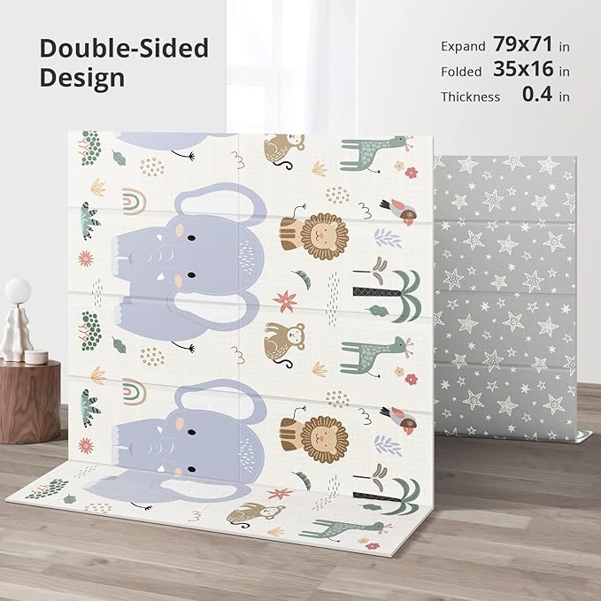 79x71 Foldable Baby Play Mat for Floor, Extra Large Non-Toxic Tummy Time and Crawling Playmat, Thick Foam Play Mat for Baby, Reversible Portable Babies Floor Mats for Infant, Toddler