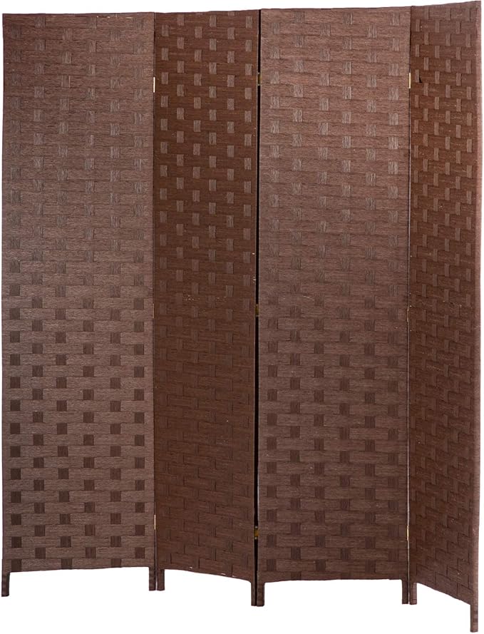 FDW Room Divider 4 Panel mesh Woven Design Room Divider Wooden Folding Portable partition Screen Wood for Home, Brown