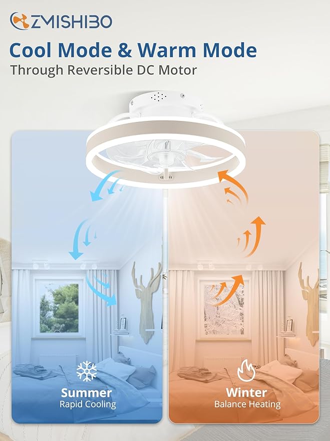ZMISHIBO Low Profile Ceiling Fans with Lights and Remote, 13 Inch Fandelier Ceiling Fan with Light, White Modern Flush Mount Ceiling Fan, Small Dimmable LED Fan Lights for Bedroom