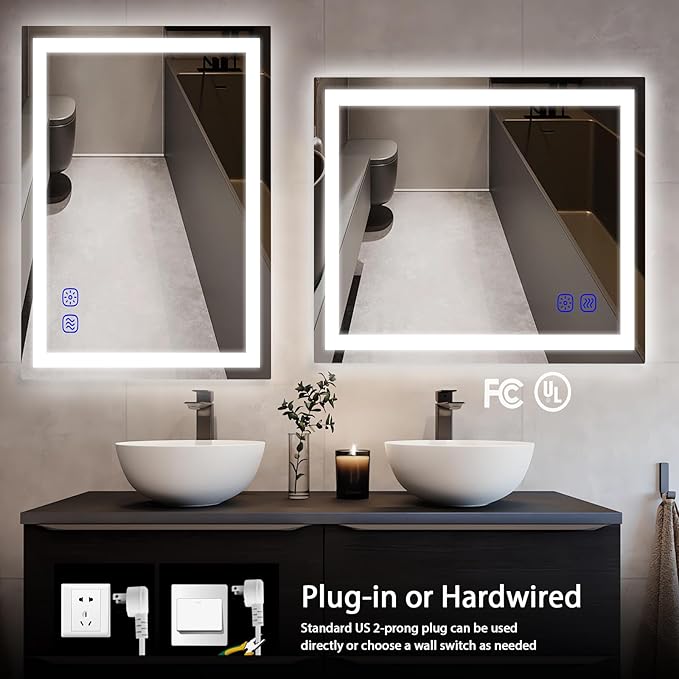 36"x28" LED Bathroom Mirror with Lights Large Wall-Mounted Vanity LED Mirror Smart Lighted Makeup Mirror Stepless Dimmable, Adjustable Brightness,Touch Screen Button,Anti-Fog,Memory Function