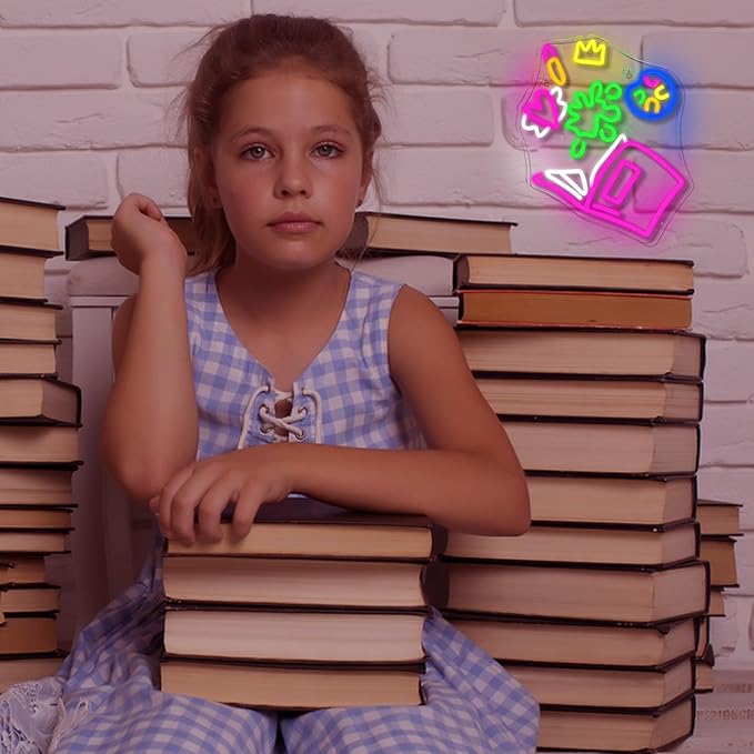 Magical Book Neon Sign, The Wonderful World of Books Design, USB Powered Dimmable, 5V/2A, for Kids, Gift, Office, Bedroom, Reading Room, Kids Room, Classroom, Book Lover