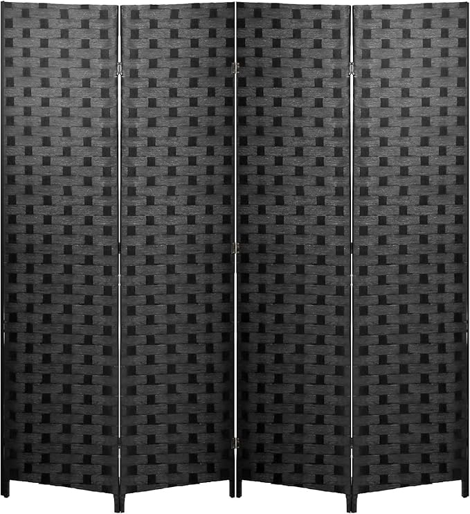 FDW Room Divider 6FT Wall Divider Wood Screen 4 Panels Wood Mesh Hand-Woven Design Room Screen Divider Indoor Folding Portable Partition Screen,Black