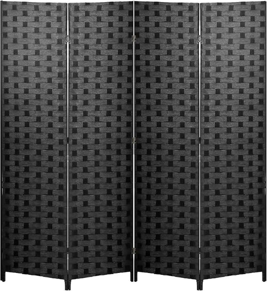 FDW Room Divider 6FT Wall Divider Wood Screen 4 Panels Wood Mesh Hand-Woven Design Room Screen Divider Indoor Folding Portable Partition Screen,Black