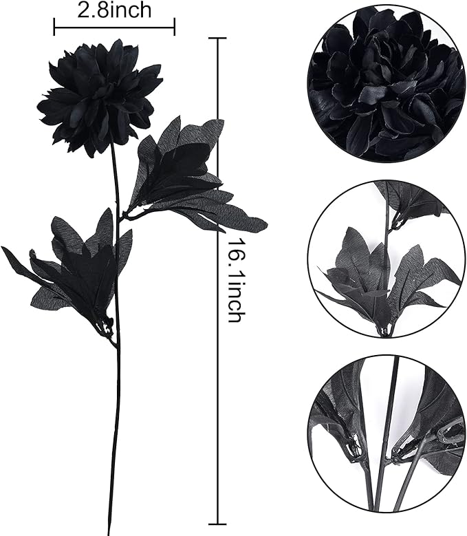 Artflower 10 Pack Artificial Silk Dahlia Bouquet with Long Stem, 16” Black Fake Flower Floral Arrangements Wedding Bridal Bouquet for Halloween Harvest Festival Table Centerpieces Home Decor