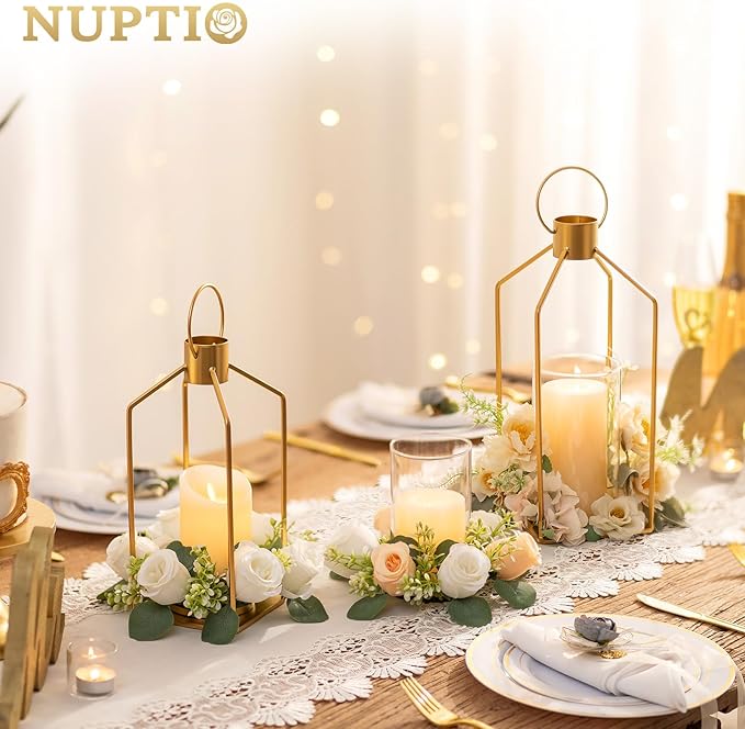 NUPTIO Gold Lanterns Decorative Indoor: Set of 2 Hanging Metal Pillar Candle Lantern with Bottomless Hurricane Glass for Wedding Home Front Porch Outdoor Fireplace Christmas Table Centerpiece