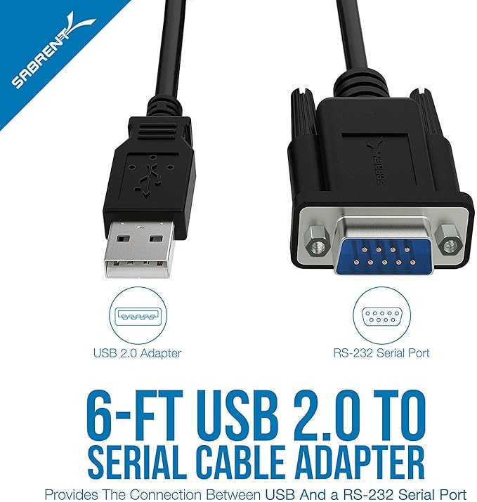 SABRENT USB 2.0 to Serial (9-Pin) DB-9 RS-232 Converter Cable, FTDI Chipset, Hexnuts 6 Feet (SBT-FTDI)