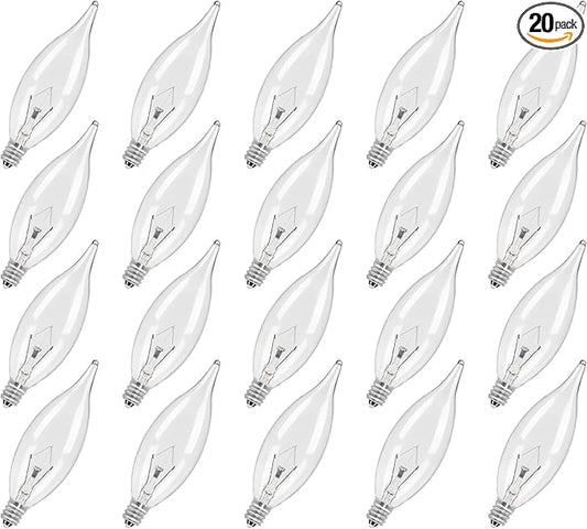 20-Pack E12 Candle Light Bulbs 25W Warm White 2500K, 240 Lumen Dimmable Chandeier Light Bulbs for Ceiling Fan, Pendants or Outdoor, CA10 Clear Candelabra Base Bulbs