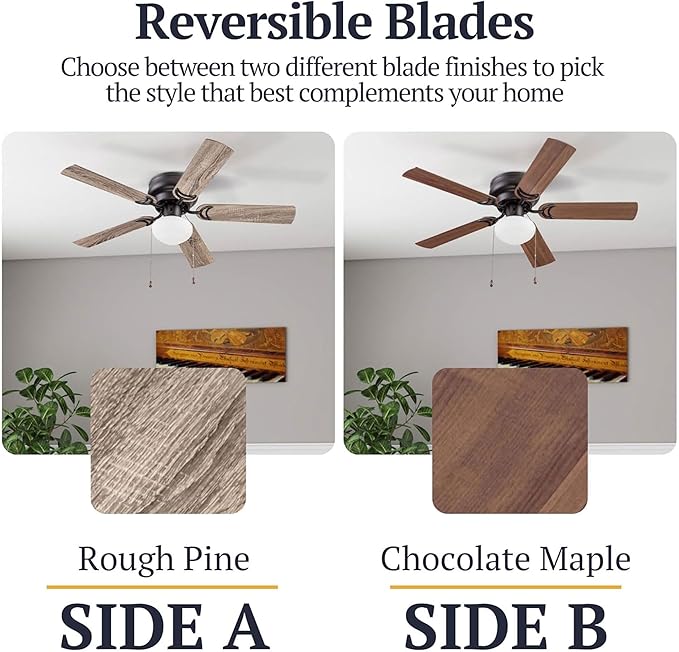Prominence Home Alvina Traditional 44 Inch Ceiling Fan with Light, LED Flush Mount Ceiling Fan, Indoor Fan with 5 Blades, Gray Pine and Maple Brown Blade Finish Options, Bronze (51584-01)