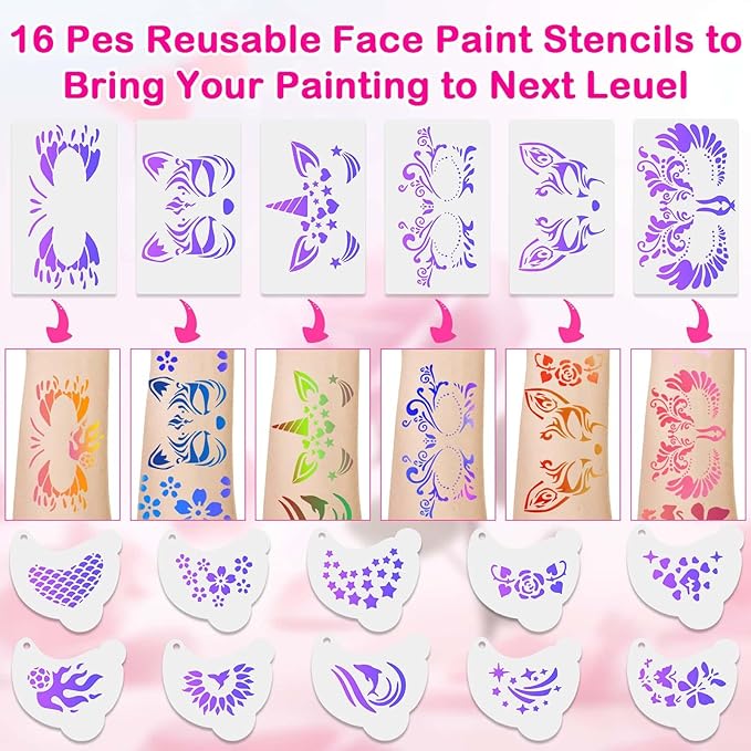 Professional Face Painting Kit for Kids and Adults – 54 Color Water Activated Cosplay Makeup Kit, Non-Toxic Body Paint with Stencils, Gems, Brushes– for Halloween FX, Bday Parties, School Event