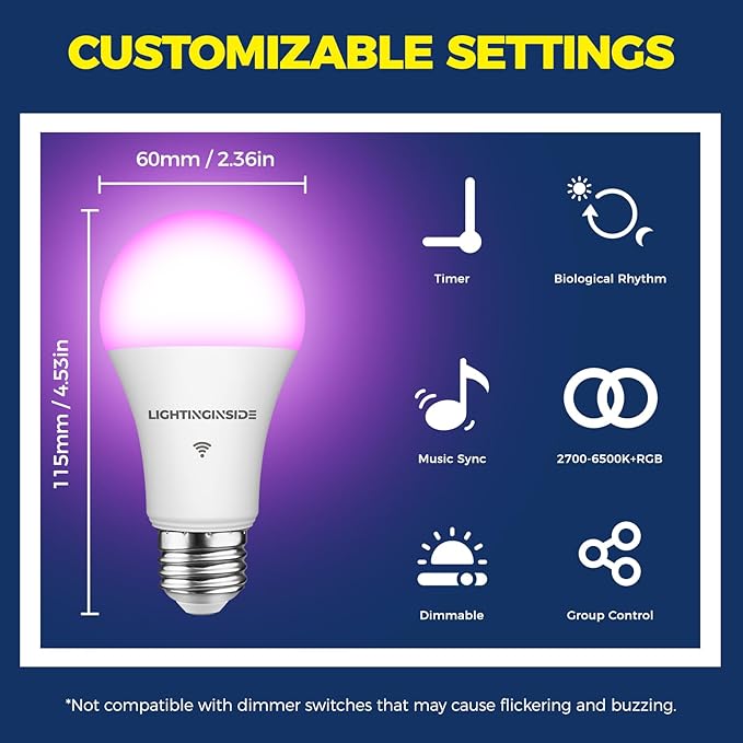 Lightinginside Smart Light Bulbs 100W Equiv., 1350LM 11W Smart Bulb Works with Alexa/Google Home/Smart Life, A19 E26 RGBCW Color Changing, No Hub Required, 2.4G WiFi Bluetooth Bulb, ETL Listed, 4PCS