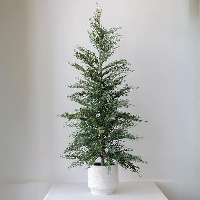 CG Hunter Holiday Collection, Set-of-1 Faux Cedar Trees, Premium Artificial Indoor Cedar Tree Stands 36" Tall in Creme Pot–Perfect Christmas Decoration