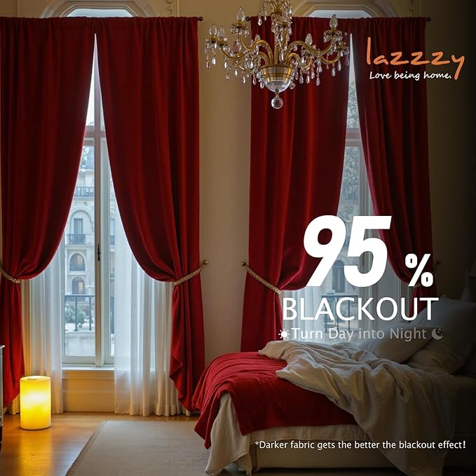 Lazzzy Velvet Blackout Curtains Thermal Insulated Room Window Drapes Super Soft Luxury Curtains for Living Room Bedroom Rod Pocket 2 Panels, Red, 52" W x 108" L