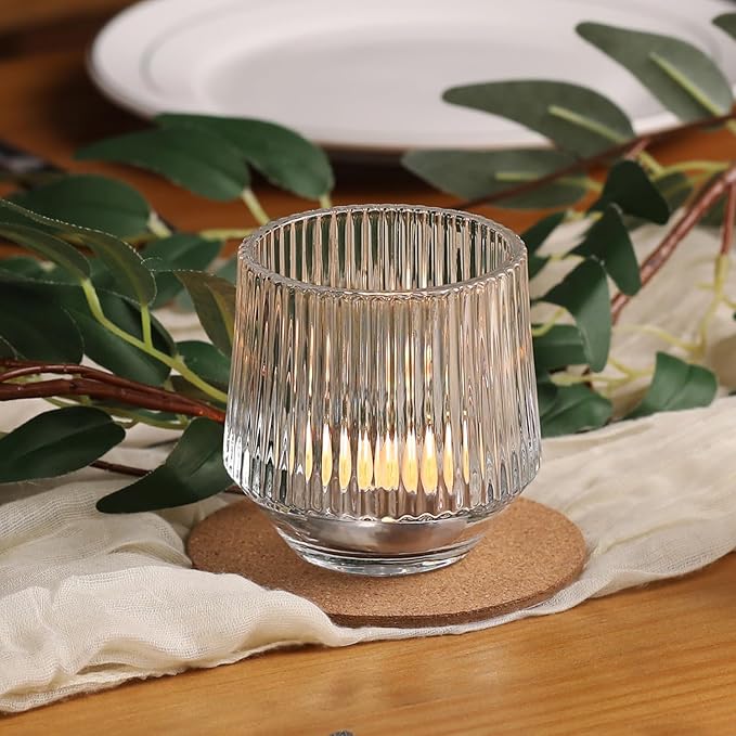 12 Pcs Large Glass Votive Candle Holders- 3.15"×3.15" Ribbed Candle Holders for Tealight Candles, Votives, Floatings, Tea Lights Candle Holders for Table Centerpieces, Wedding Table Decor