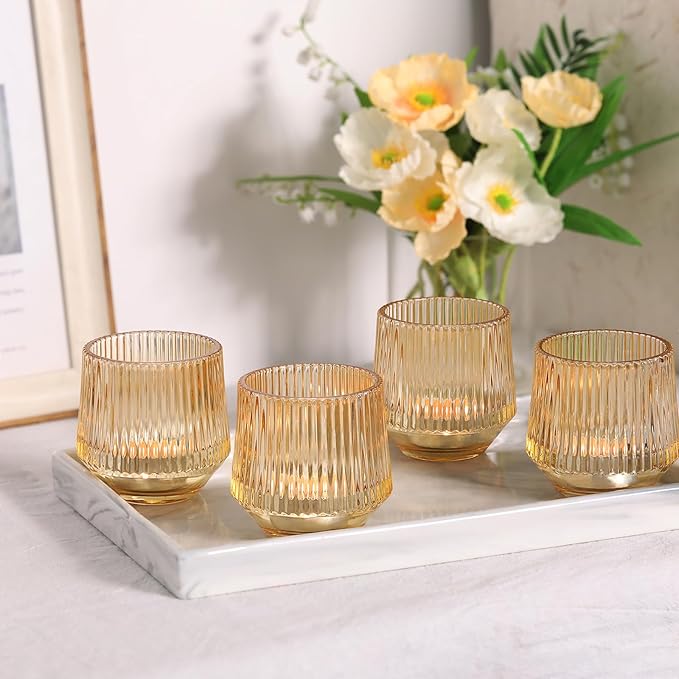 12 Pcs Large Gold Votive Candle Holders- 3.15"×3.15" Ribbed Gold Votives, Gold Tea Lights Candle Holders Votive Holders for Wedding Table Decor, Gold Glass Candle Holders for Table Centerpieces