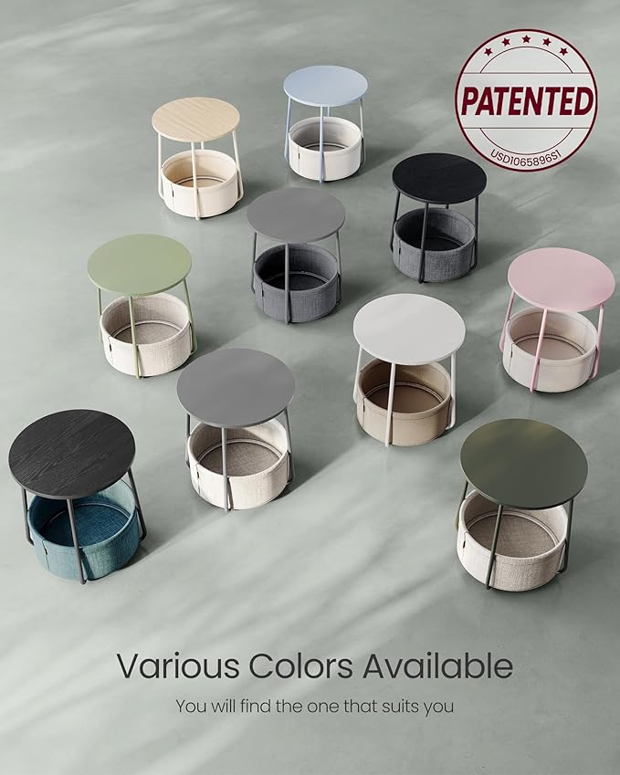 VASAGLE LILEA Collection - Small Round Side End Table, Modern Nightstand with Fabric Basket, Forest Green and Cream White ULET223C80