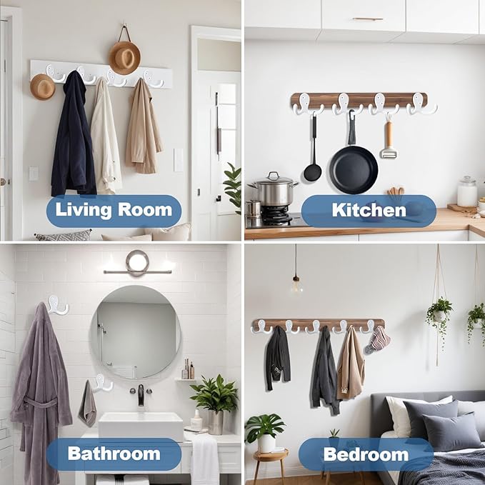 15Pack Coat Hooks Wall Hooks for Hanging, Heavy Duty Double Prong Metal Hook Wall Mounted for Living Room, Bathroom, Kitchen, Bedroom for Coat, Bag, Scarf, Towel, Hat, Key, Cup (White)