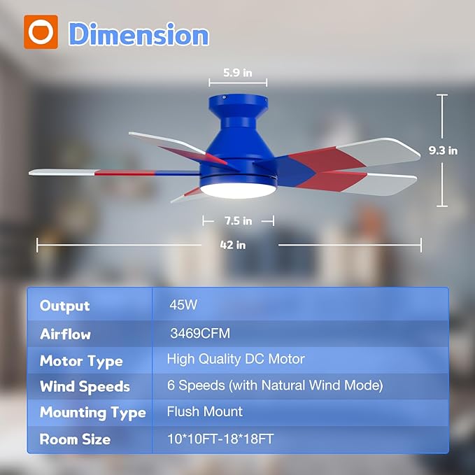 addlon Ceiling Fans with Lights, 42 Inch Low Profile Kids Ceiling Fan, Boy's Fan with Remote, Reversible, 3CCT, Dimmable, Quiet, Blue Small Ceiling Fan for Kids Room, Bedroom Indoor/Outdoor Use