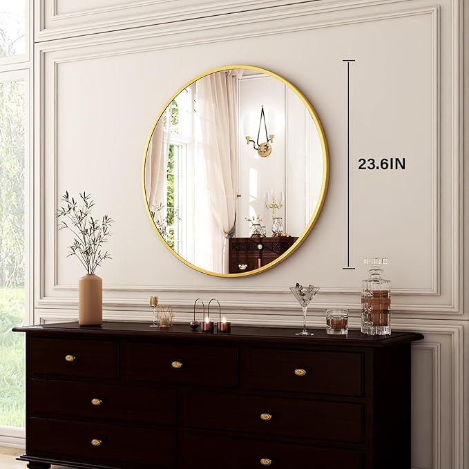 HARRITPURE 24 Inch Round Mirror, Gold Circle Bathroom Mirror, Modern Aluminum Alloy Frame Wall Mounted Vanity Mirror for Living Room, Bedroom, Entryway