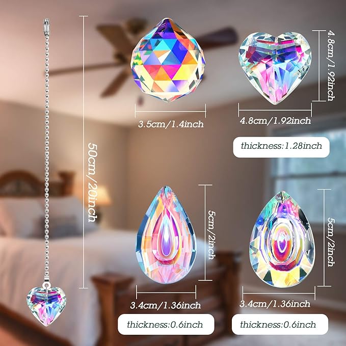4 Pieces Crystal Ceiling Fan Pull Chain Decorative Rainbow Pull Chain Extension 20 Inch Ceiling Ornament with Ball Connector(Longan, Water Drop, Heart, Round)