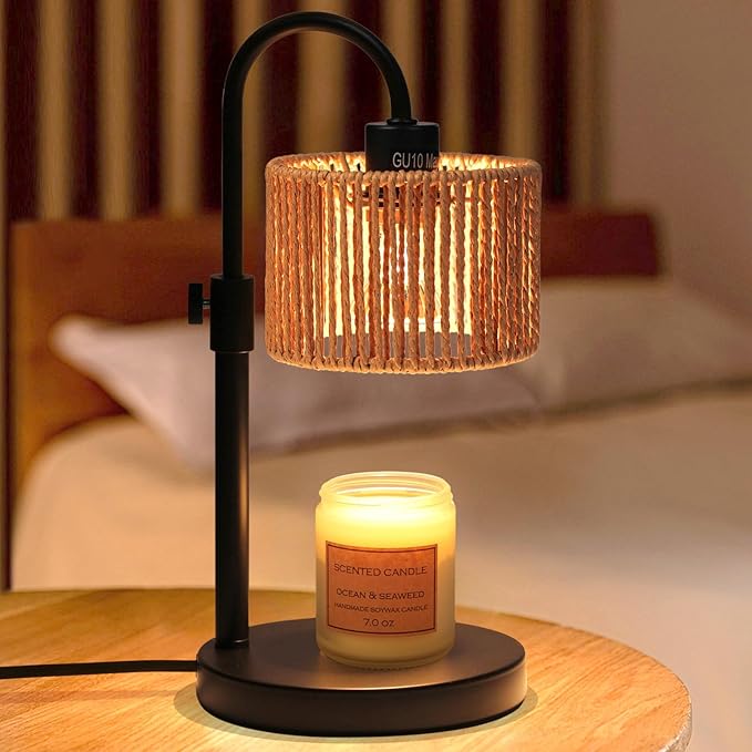 Boho Candle Warmer Lamp, Adjustable Height Candle Wax Warmer with Timer, Candle Lamp for Jar Candles, House Warming Gifts Brithday Gifts for Women Bedroom Home Decor (Rattan)